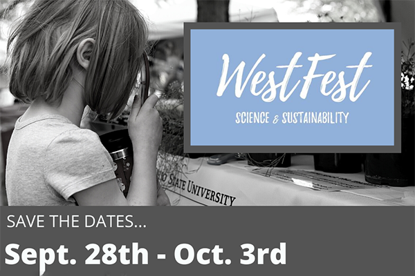 Black and white photo of a girl looking through a magnifying glass with save the date language for WestFest